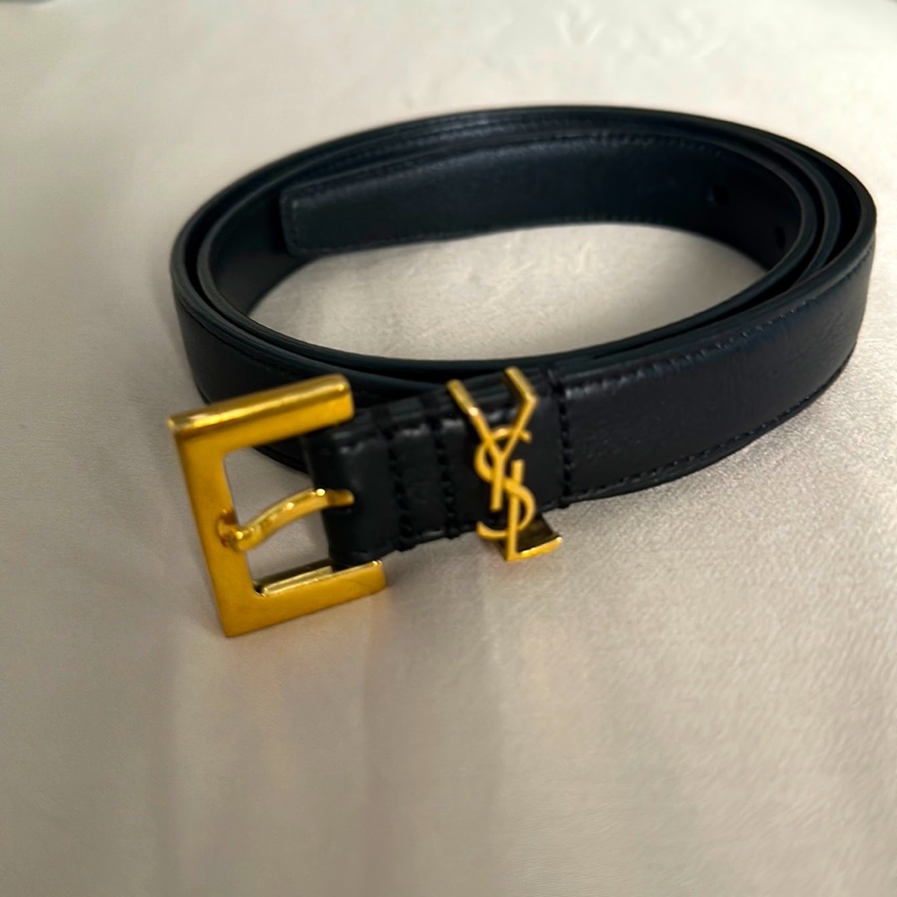 YSL slim black belt with gold buckle